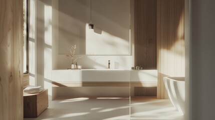 Elegant White Bathroom with Wooden Accents and Soft Lighting