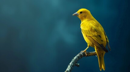 Bright yellow bird stands out against deep blue background in natural light