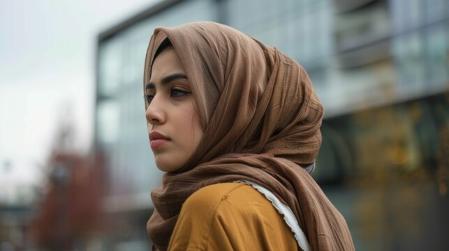 Young woman in hijab highlights urban multiculturalism and personal identity