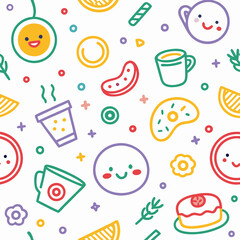 Happy seamless pattern with cute food and drinks.