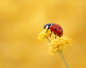 Naklejka premium Natures Microcosm Magic Macro of a Ladybug on Yellow Wildflowers - Vibrant Textures for Eco-Friendly Marketing and Educational Visuals in Wildlife Sustainability