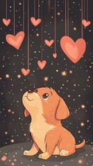 Adorable Puppy Gazes at Hanging Hearts and Stars