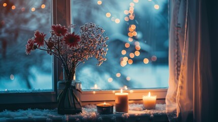 Cozy Winter View from a Window with Flowers and Candles