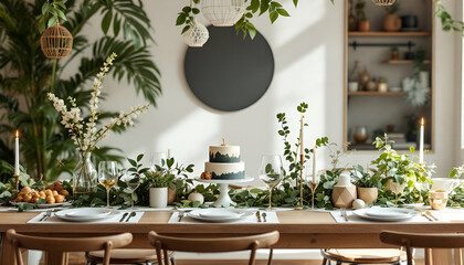 Elegant Green and Gold Table Setting with Cake