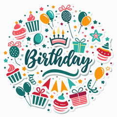 Colorful birthday party elements arranged in a circle.