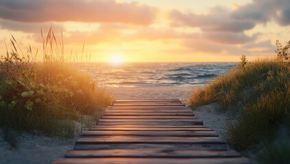Obraz premium Wooden path leads to sunset ocean beach.