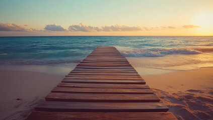 Obraz premium Wooden pier extending into a tranquil ocean at sunset.