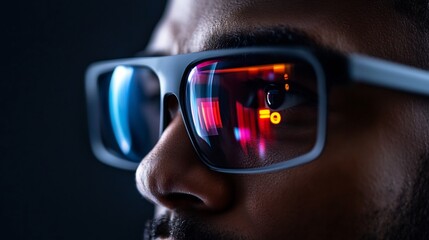 Futuristic Vision: A Close-Up of a Person Wearing Smart Glasses Reflecting Digital Data