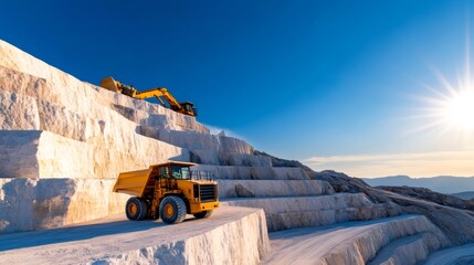 Heavy machinery working at sunset in a marble quarry