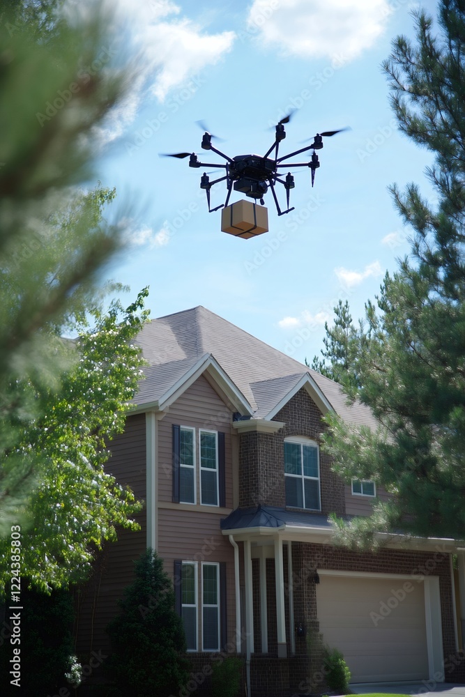 Poster drone delivering package to house using innovative technology