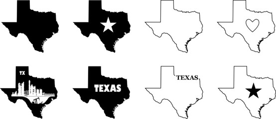 Vektor Silhouetten und Konturen Set - Texas USA Landkarte Bundesstaat im Süden - Grafik Design Element 