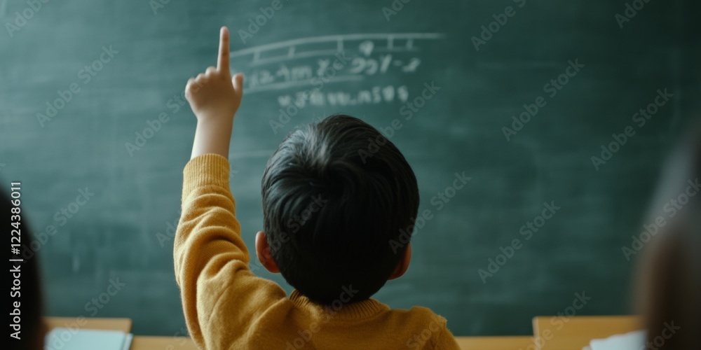 Poster Interactive STEM Learning Child in Yellow Sweater Solving Equations on Green Chalkboard Modern Educational Methods for Engaged Classroom Dynamics