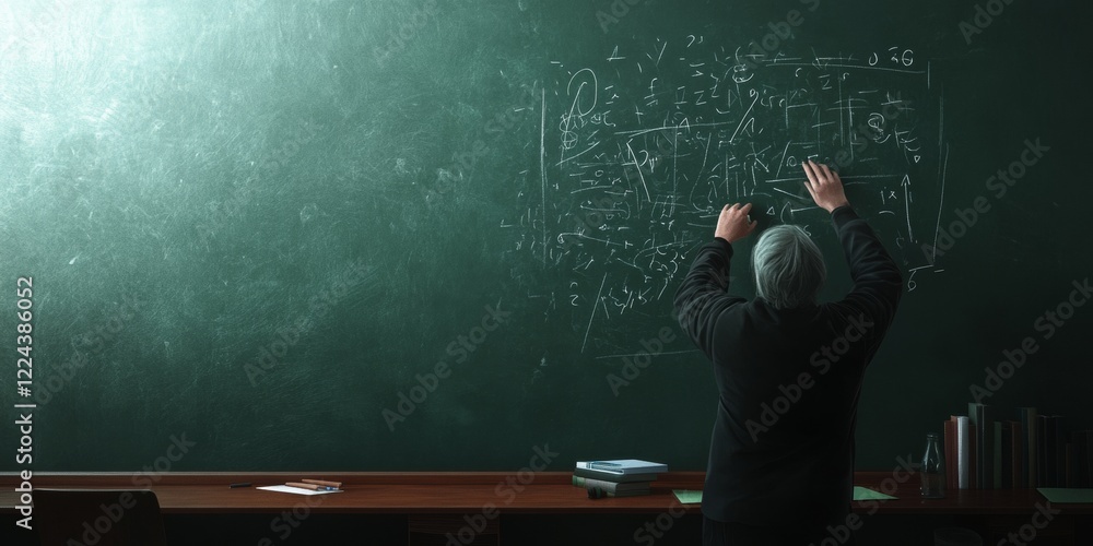Aufkleber contemporary classroom scene educator illustrating complex math on textured chalkboard in active lea