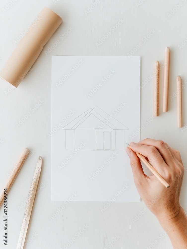 Poster Minimalist Startup Blueprint Hands Crafting Architectural Sketches on Paper with Wooden Tools - Design Strategy for Innovative Prototype Development in Creative Industries