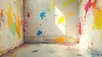 An empty room with abstract paint splatters on the walls