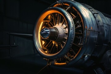 Illuminated Vintage Airplane Engine on a Dark Background with Nostalgic Details
