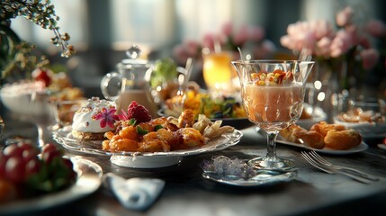 Mother's day brunch celebration elegant setting food photography bright atmosphere close-up view joyful gathering