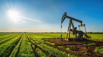 Fototapeta premium Oil Pump Jack Working in Expansive Green Farmland Under Clear Sky