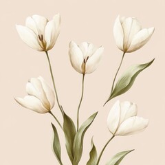 Fototapeta premium Watercolor Seamless Pattern of White Tulips on Beige Background