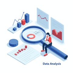 Data analysis isometric concept. Women sitting on magnifying glass and working on laptop computer with data analysis. 04
