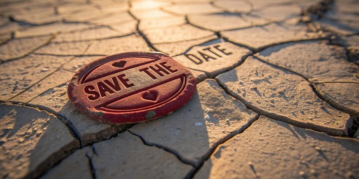 Aerial View Red Grunge Vintage Save The Date Stamp on Rustic Terrain - Powered by Adobe