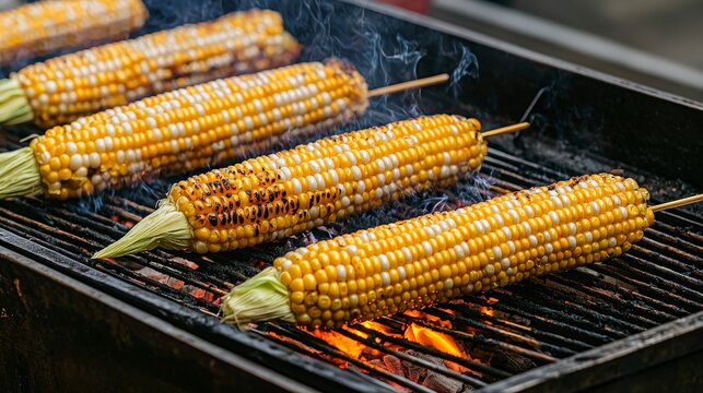 Street vendor grilling elotes mexican corn urban market food photography vibrant environment close-up shot culinary delight