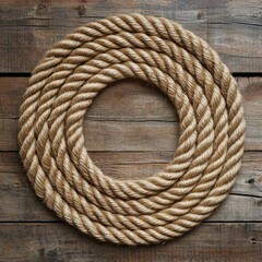 Obraz premium Thick nautical rope coiled in a circle on rustic wood.
