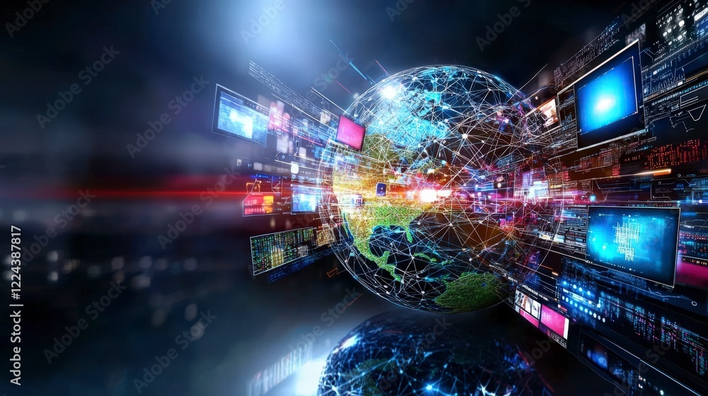 Poster Global connectivity in a digital world futuristic setting graphic visualization tech environment dynamic perspective