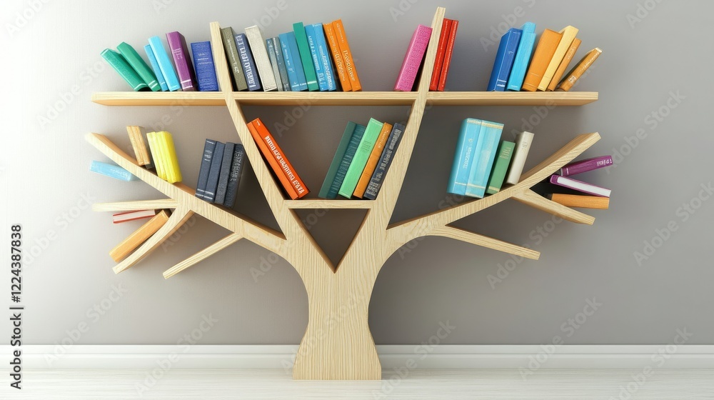 Poster artistic tree-shaped bookshelf filled with books in vivid colors, with a light neutral background cr