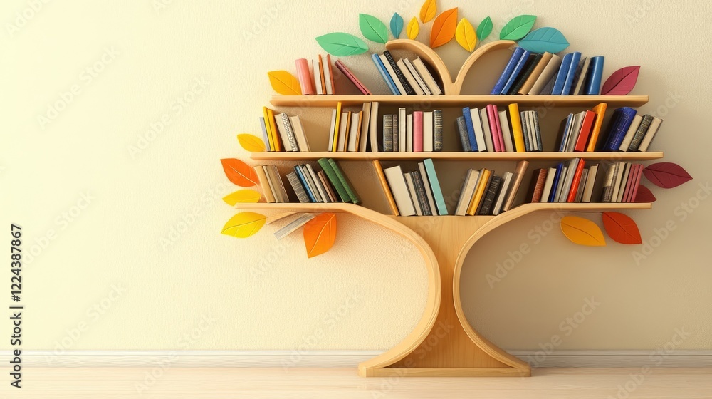 Poster artistic tree-shaped bookshelf filled with books in vivid colors, with a light neutral background cr