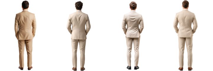 Set of a, Young man in a beige suit standing, back view, isolated on a transparent background.