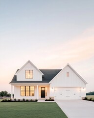 Obraz premium Modern Suburban Elegance Illuminated Family Home with Smooth Garage Door and Trimmed Lawn - Ideal Visuals for Real Estate Marketing and Home Design Inspiration