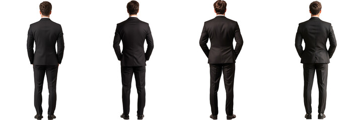 Set of a, Young man in a black suit standing, back view, isolated on a transparent background.
