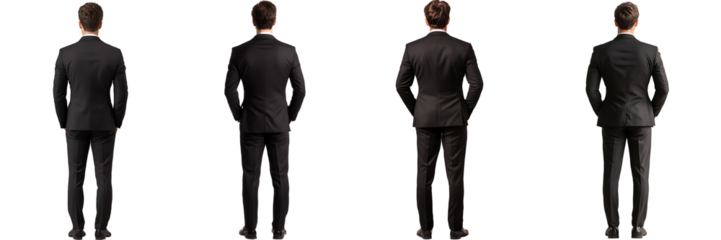Set of a, Young man in a black suit standing, back view, isolated on a transparent background.