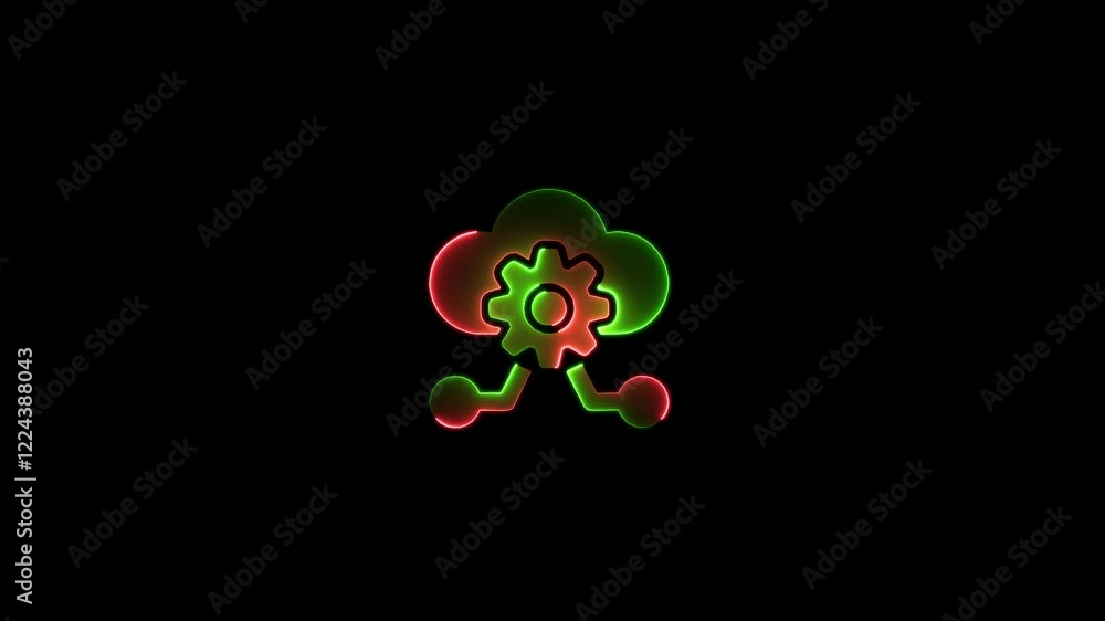 Poster glowing neon line gear and tank as workflow process concept icon isolated black background.digital t