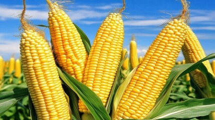 A field of ripe corn ready for harvesting, with golden crops standing tall against a deep blue sky with a few clouds