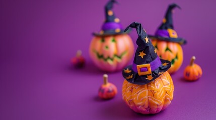 Colorful Pumpkins in Witch Hats Set Against a Purple Halloween Background