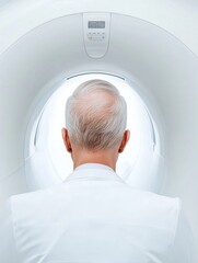 High-Tech Radiology Experience Senior Male Technician Examines Brain Scan in Sleek, Minimalist Imaging Suite - Advanced Medical Screening for Precision Healthcare