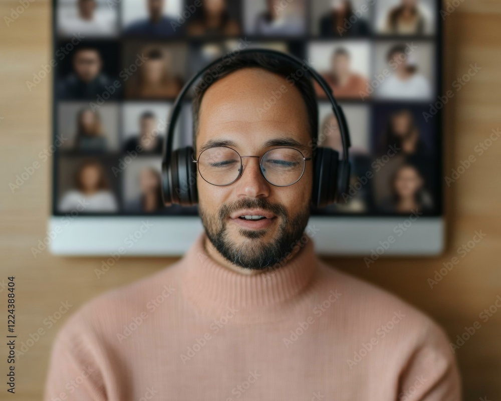 Poster hybrid work aesthetic cozy home office with video call hub - modern remote collaboration and distrib