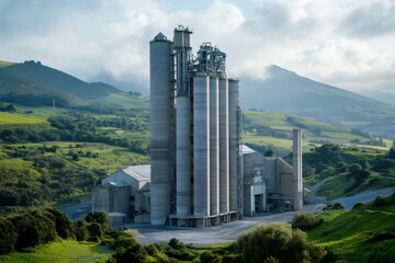 Tall silos stand amidst rolling hills and greenery