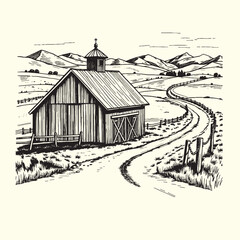 Fototapeta premium Hand-drawn farm ranch sketch line art illustration