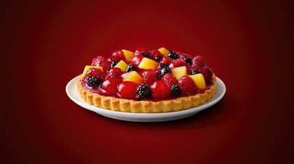 A beautifully arranged fruit tart, placed against a dark red background