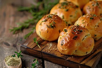 Herb-Infused Bread Rolls on a Wooden Board with Soft Lighting