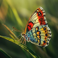 Obraz premium Colorful butterfly perched on green grass blade.