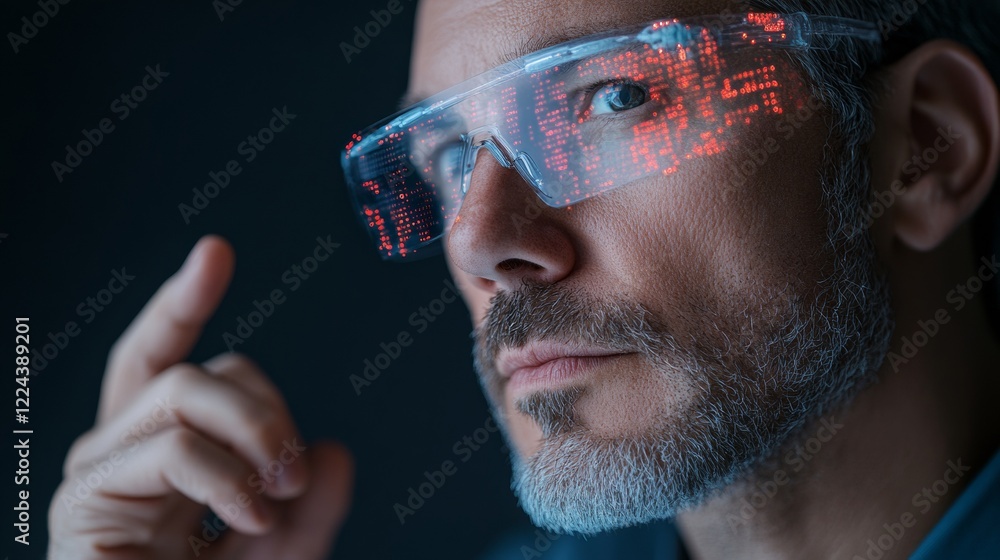 Poster Futuristic Smart Glasses in High-Tech Electronics Lab Enhancing Digital Circuit Testing - Industrial Tech Innovation for Advanced Manufacturing and Automation Efficiency