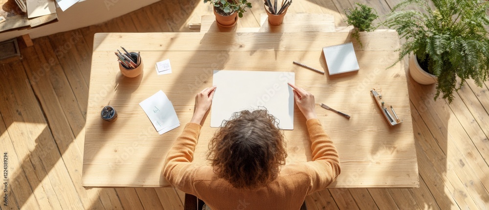Poster scandi-chic workspace woman engaging with graphics tablet in a plant-adorned studio - creative colla