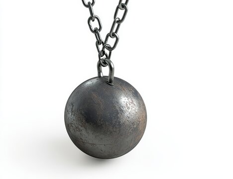 Rusty wrecking ball hanging from a chain on white background. - Powered by Adobe