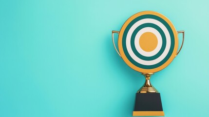 A vibrant trophy with a target design against a teal background, symbolizing achievement and success in competitive fields.