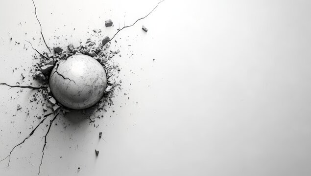 Cracked sphere impacting a surface, causing destruction and fissures. - Powered by Adobe