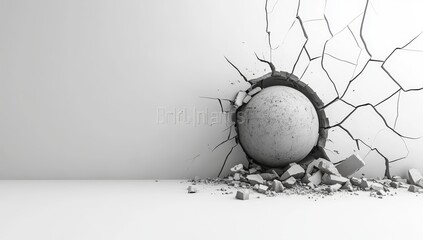 Sphere crashes through white wall, causing cracks and debris.